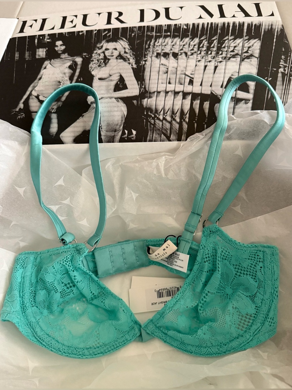 Fleur du Mal Le Stretch Lace Demi Underwire Bra in Turquoise 32B NWT